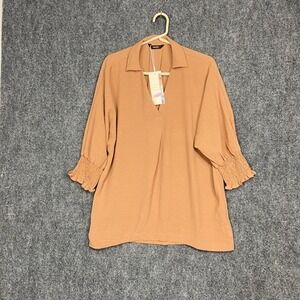 DOKOTOO Women's Tan Brown Tunic Blouse SMALL Collared‎ 3/4 Sleeve Smocked Cuffs